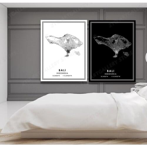 Bali, Indonesia Maps Wall Art Canvas Print Poster Artwork Unframed Modern Black And White Map Souvenir Gift Home Decor