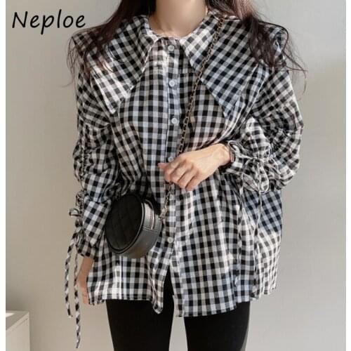 Neploe 2021 New Chic Plaid Large Turn-down Collar Ladies Tops Single-breasted Loose Drawstring Women Blouses Puff Sleeve Shirt