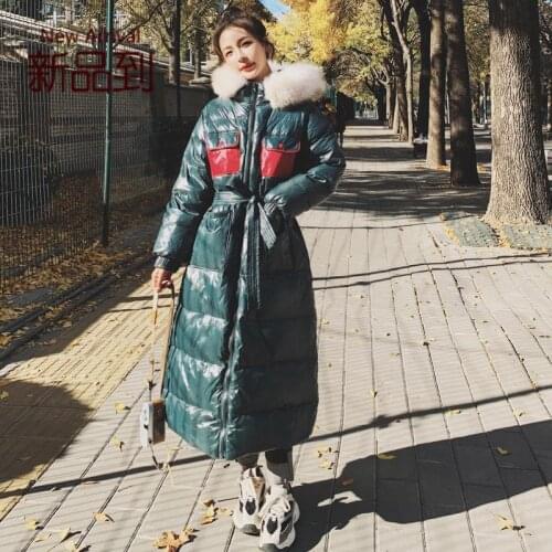 Womens Coat Glossy Down Long Winter Korean Loose Waist Thickened Warm Stitching Thick Hooded Big Fur Collar Bread Padded Jacket