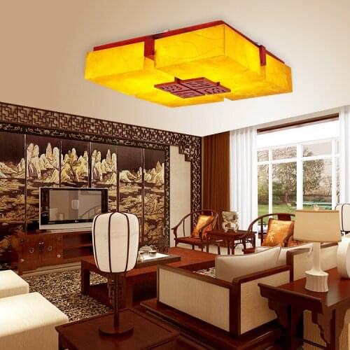 SheepskinCeiling Lights living room Chinese solid wood restaurant carved classical square bedroom ceiling lamp ZA