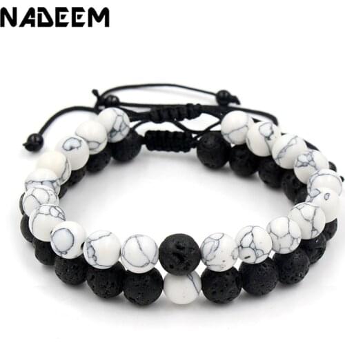 Adjustable 2Pcs/Lot Beaded Bracelets Bangles Set Natural Lava,Howlite Stone White Black Braiding Macrame Bracelet For Women Men
