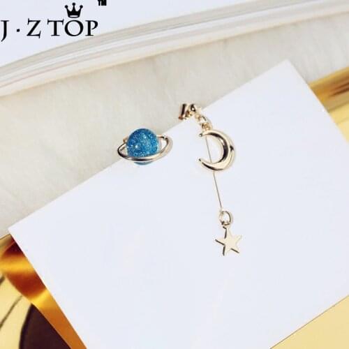 Lovely Moon Stud Earrings Blue Universe Stars Both Sides Asymmetric Tassel Earrings Women Earrings Jewelry