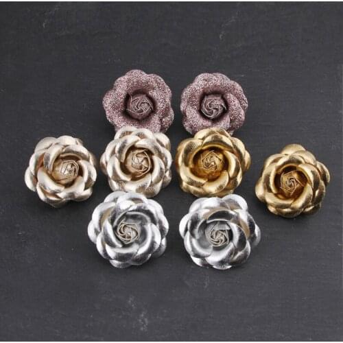 Women Classic PU Sequins Leather Handmade Rose Camellia Stud Earrings Female Big Drop Dangle Party Show Wedding Banquet Gifts