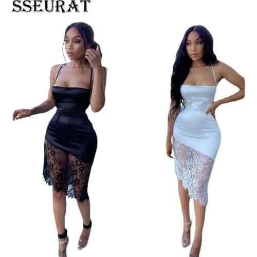 SSEURAT Women Dress Lace Spaghetti Strap Slash Neck Sheath Elastic A-line Knee Length Dress Lady Sexy Outfits 2021