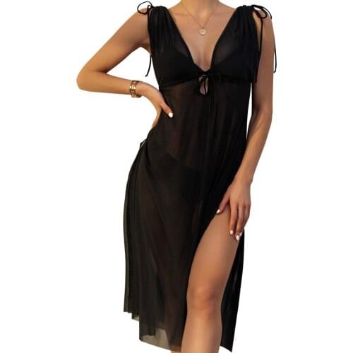 Women Beach Dress Solid Color Sheer Sleeveless Bikini Covers Short/Long Dresswith Side Slits Summer Beach Cover-Ups