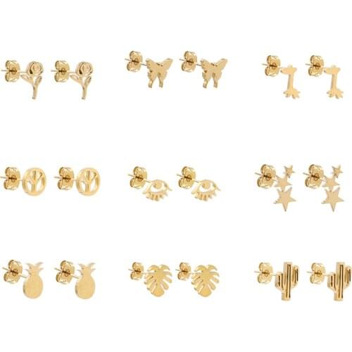 12 Pair/set Minimalist Stainless Steel Animal Butterfly Stud Earrings for Women Girls Small Star Heart Evil Eye Earrings Jewelry