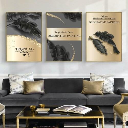 3 Pieces Abstract Golden Black Tropical Leaf Modern Canvas Painting Nordic Print Poster Wall Art Picture Living Room Home Decor