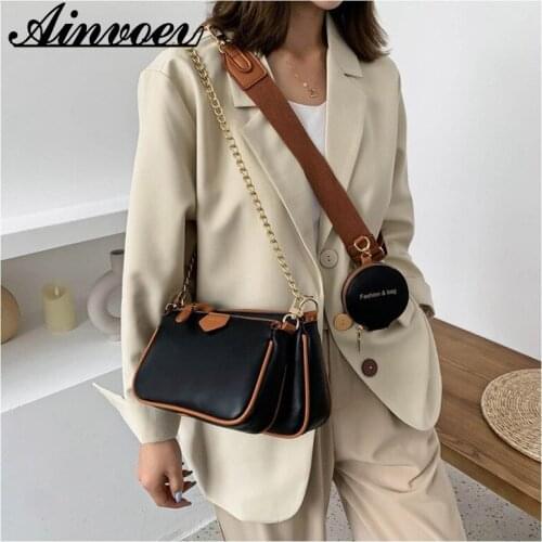 Ainvoev Fashion Chains Women Shoulder Bags Wide Strap Messenger Bags Luxury PU Leather Crossbody Bag Lady Small Purse 3 Bag Set