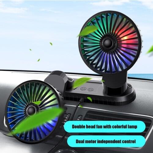 F404D USB Powered Car Fan Air Cooler with LED Lights Multi-Angle Rotatable Dual Head 3-Speed Dashboard Fan for Vehicle Truck SUV