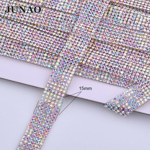JUNAO 5Yard Crystal AB Rhinestones Fabric Trim Hotfix Strass Applique Chain Glass Stones Belt Mesh For Clothes Bags Decoration