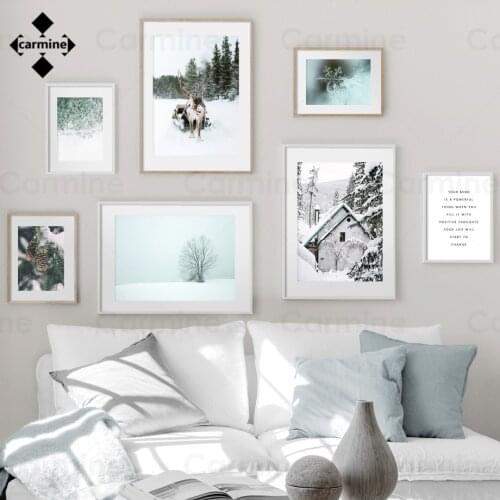 Winter Landscape Paintings Snow Scene Wall Art Canvas Painting Elk Pine Cone Wall Pictures for Living Room Decor Posters Prints