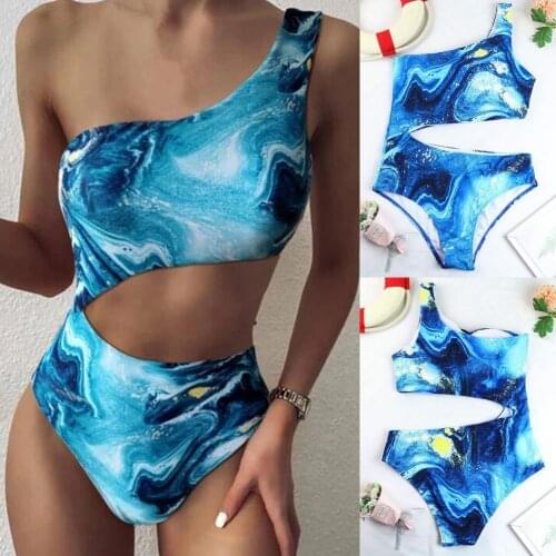 Bikinis Set Women Swimwear One-shoulder High Waist Blue Printing Hollow Women Swimsuit Bikini Swimming Pool Bathing Suit