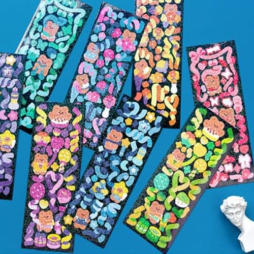 8Kinds Kawaii Cute Glittering Ribbon Bear Stickers DIY Scrapbooking Journal Collage Phone Diary Album Happy Planner Decoration