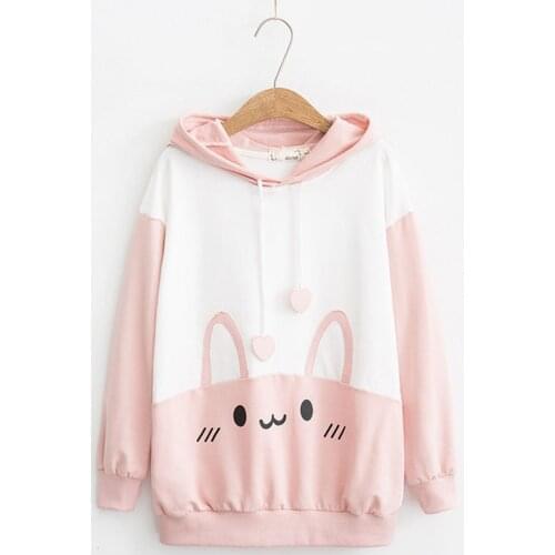 Cute Autumn Rabbit Hoodies Women kawaii Bunny Ears Graphic Casual Sweatshirts Japanese Harajuku Girls Lovely Pink Blue Pullover