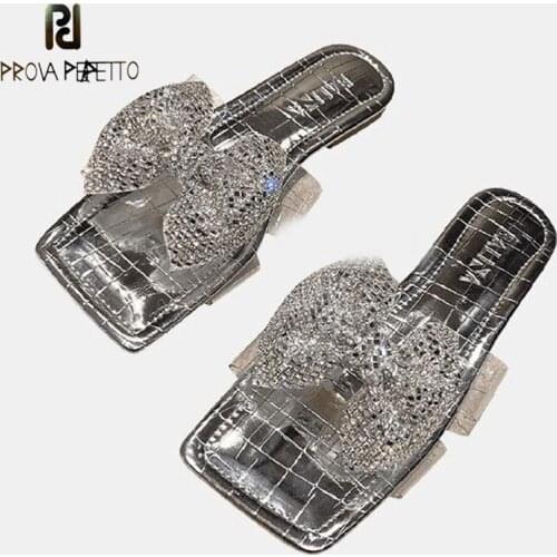 Fashion Silver Golden Square Toe Open Toe Rhinestone Bowknot Sexy Low-heel Slippers Summer Ladies All-match Dress Flat Slippers
