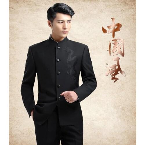 Mens Slim Fit Stand Collar Suits Dargon Embroidered Fashion Chinese Tang Suits Male Stylish Casual Suits Set Tangsuit FS-102