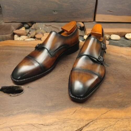 Sipriks Genuine Leather Casual Shoes Mens Formal Tuxedo Shoes Italian Goodyear Welted Shoes Double Monk Strap Comfort Breathable