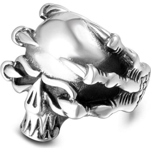Personality 316L Stainless Steel Punk Skull Head Ring Titanium Steel Jewelry Dragon Claw Vinking Finger Ring for Men