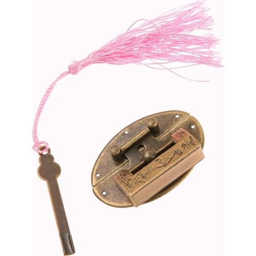 1set Padlock/Key/Tassel+ Oval Box Latch Hasp Vintage Chinese Painting Pattern Bird&Flower Brass Lock Cabinet Wood Jewelry Case