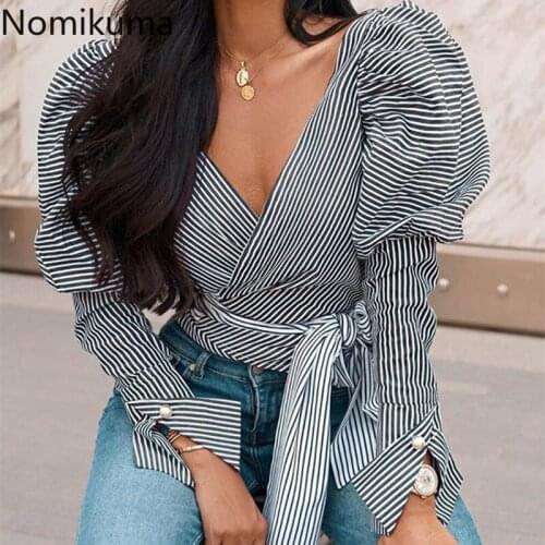 Nomikuma Korean Stripe Women Blouses Bow Bandage slim Waist Blusas Femme Puff Sleeve V-neck Elegant Shirt 2021 New 6E773