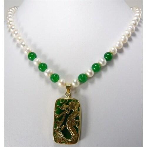 New design Beautiful white pearl & green Jade & dragon pendant Necklace free shipping