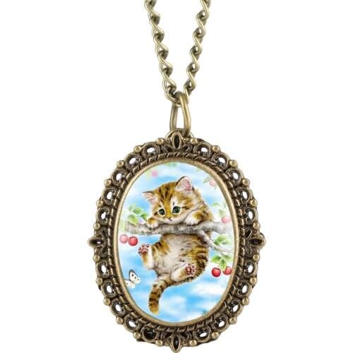 Lovely Pink Kitty Patch/Cherry Kitty/Cat Analog Quartz Pocket Watch Sweater Necklace Chain Watches Birthday Gifts for Girl