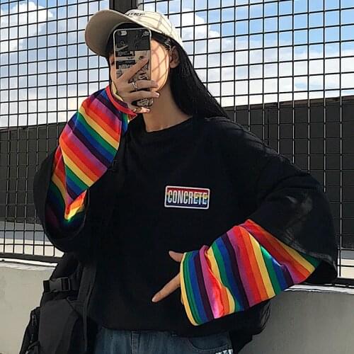 Hoodies Women Ulzzang Fake Two Pieces Sweet Rainbow Striped Womens Harajuku Hoodie Chic Patchwork White Oversized Soft Lady Tops