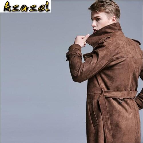 Azazel Men Trench New Windbreaker British fashion deerskin velvet trench coat for young men double-breasted slim mid-length coat