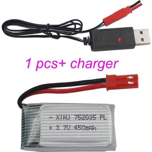 XINJ 1pcs+charger 3.7V 450mAh 752035 25C Rechargeable Polymer Li Lithium Battery for X4H107 MJXF47 DFDF180 RC Quadcopter Drone