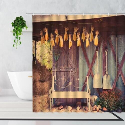 Retro Vintage Wooden Door Shower Curtain Harvest Farm Bath Bathroom Curtains Set Waterproof Bathtub Screen Wall Decor With Hooks