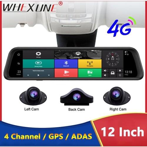 WHEXUNE 12 Inch 4G Car DVR FHD 1080P Stream Media Touch Screen For Auto 4 Lens Video Recorder ADAS Rearview Mirror WIFI Dash Cam