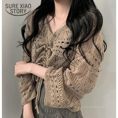 2020 Autumn Korean-Style Hollow-out Knitted Shirt Women Casual Loose Solid Women Blouse V-Neck Long Sleeve Ladys Clothing 10194