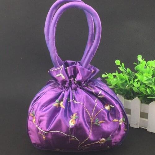 Wholesale Fashion Womens Purple Embroider Flower Silk Satin Bag Purse Jewelry Handbag 3PCS