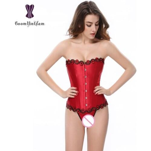 Wholesale Floral Embroidery Women Bustiers Body Shaper Slimming Waist Satin Overbust Corset With G String 808