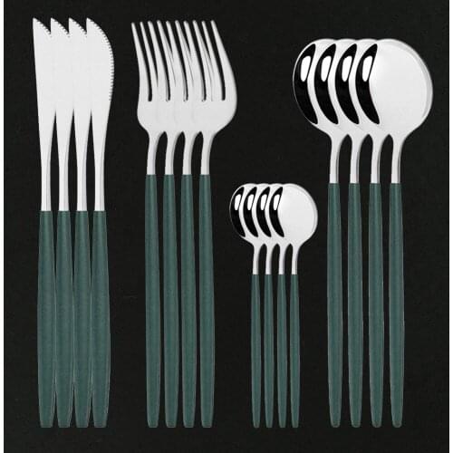 16Pcs Green Silver Cutlery Set Stainless Steel Dinnerware Set Knife Forks Coffee Spoon Flatware Set Kitchen Dinner Tableware Set