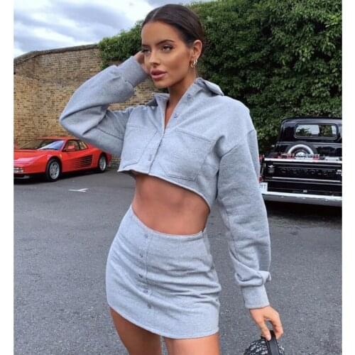 2021 Autumn New Women Clothing Suit Long Sleeve Short Top+Solid Button Mini Skirt 2 Piece Set High Street Pocket Outfit