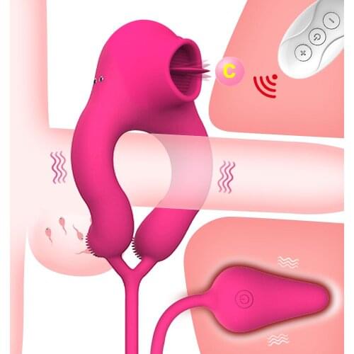 4 Motors Vibrating Penis Ring Tongue Licking Clitoral Stimulation Cock Ring Anal Plug Vibrator Wireless Remote Control Sex Toys