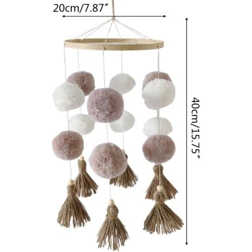 83XC Nordic Baby Crib Wooden Mobile Rattle Colorful Pom Pom Plush Ball Tassels Wind Chimes Hanging Pendant Toy for Nursery Room