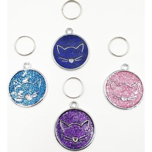 Dog Tags Engraved Cat Puppy Pet ID Name Dog Collar Tag Pendant Pet Accessories Cat Face Glitter Random Color Pet Decoration