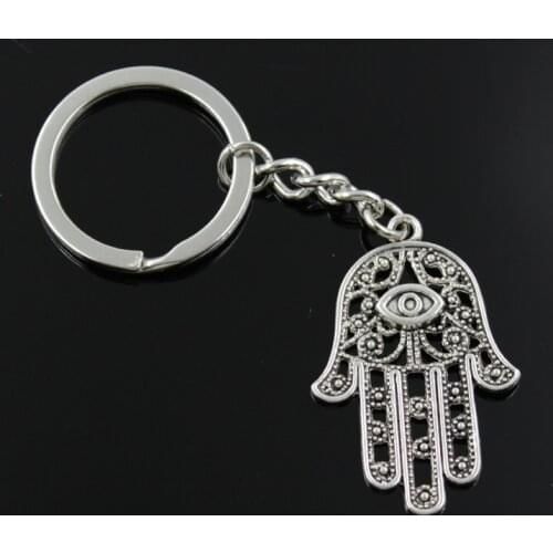 New Fashion Men 30mm Keychain DIY Metal Holder Chain Vintage Death Eye Hamsa Palm Fatima Hand 36x25mm Silver Color Pendant Gift