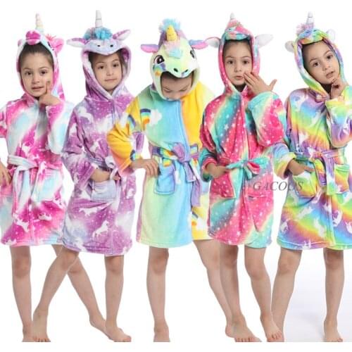 Children Towel Beach Baby Bath Robe Animal Rainbow Unicorn Hooded Bathrobes For Boys Girls Pyjamas Nightgown Kids Sleepwear Robe