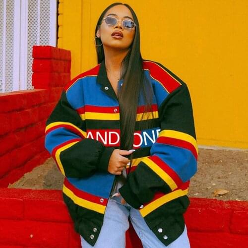 JESSIC 2021 New Large Size Printed Letter Jacket Female Patchwork Jacket Women Winter Autumen Fashion Striped Coats High Street