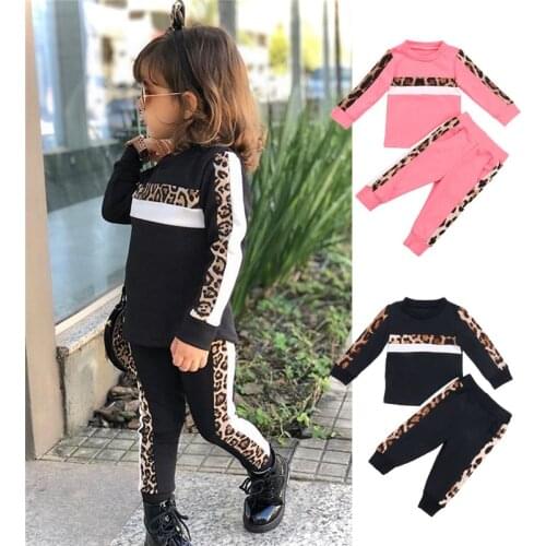 2Pcs Toddler Kids Girl Sweatsuit Leopard Long Sleeve Sweatshirt Pullover Tops Pants Tracksuit Autumn Casual Clothes Sets 1-6Y