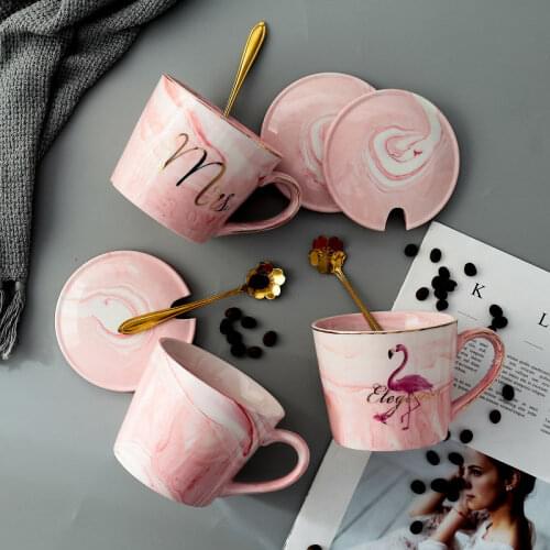 Creative Cute Flamingo Pattern Ceramic Mugs With Lid Spoon Travel Cup Coffee Mug Tea Cup Office Drinkware Novelty Gift