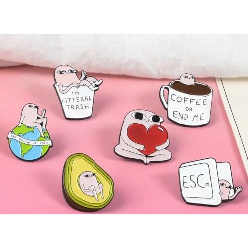 Humorous Funny Pink Man Metal Enamel Brooch ESC Earth Litteral TRASH Avocado Coffee Badge Pin Trendy Costume Jewelry Gift