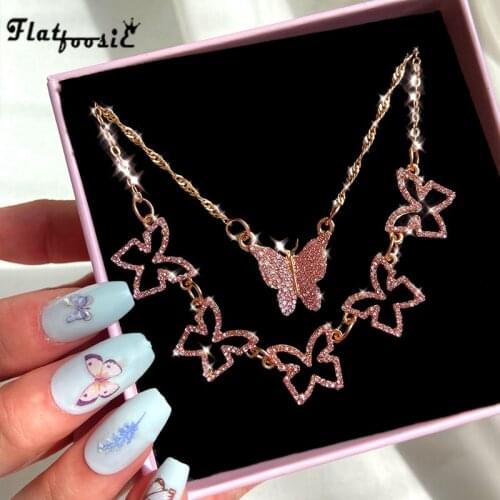 Flatfoosie Multilayer Butterfly Crystal Chain Choker Necklace for Women Shiny Rhinestone Animal Pendant Necklace Trendy Jewelry