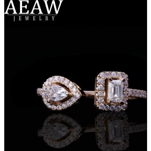 AEAW Pear Cut with Emerald White Moissanite Diamond Solid 14k Yellow Gold Wedding Engagement Rings for Women