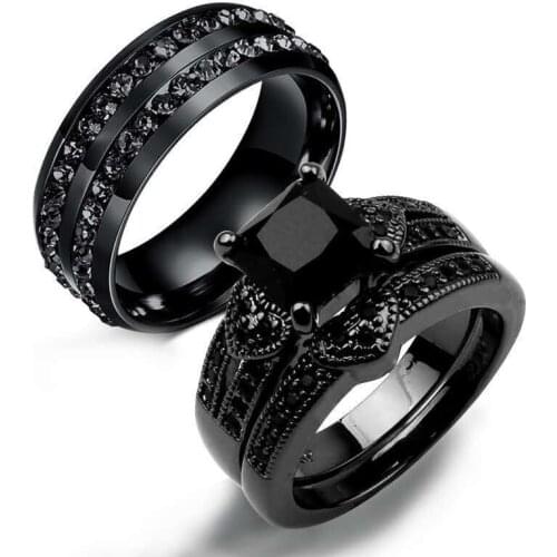 Couple Black Rhinestone Ring Women Men Jewelry Engagement Ring Gift
