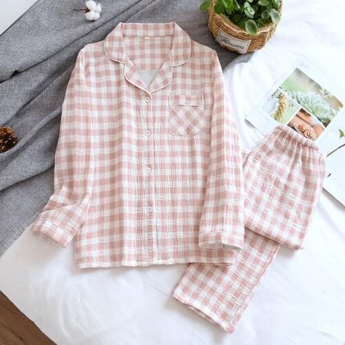 Simple Casual Plaid Pajamas for Women Cotton Crepe Sleepwear Long Sleeve Pijamas Set 2 Piece Loungewear Plus Size Home Clothes