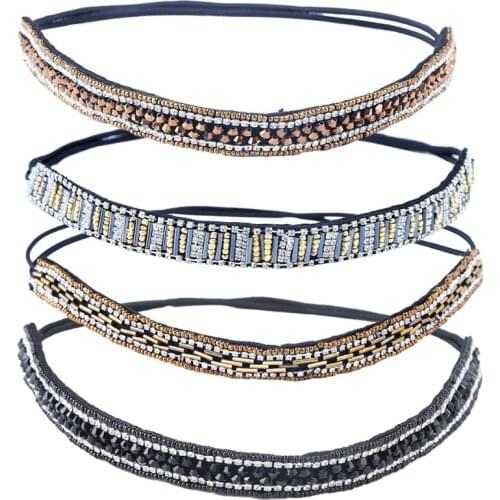 Luxury Handmade Crystal Beaded Headwear Headbands For Women Bridal Rhinestone Thin Elastic Hair Accessories Costume Decoration